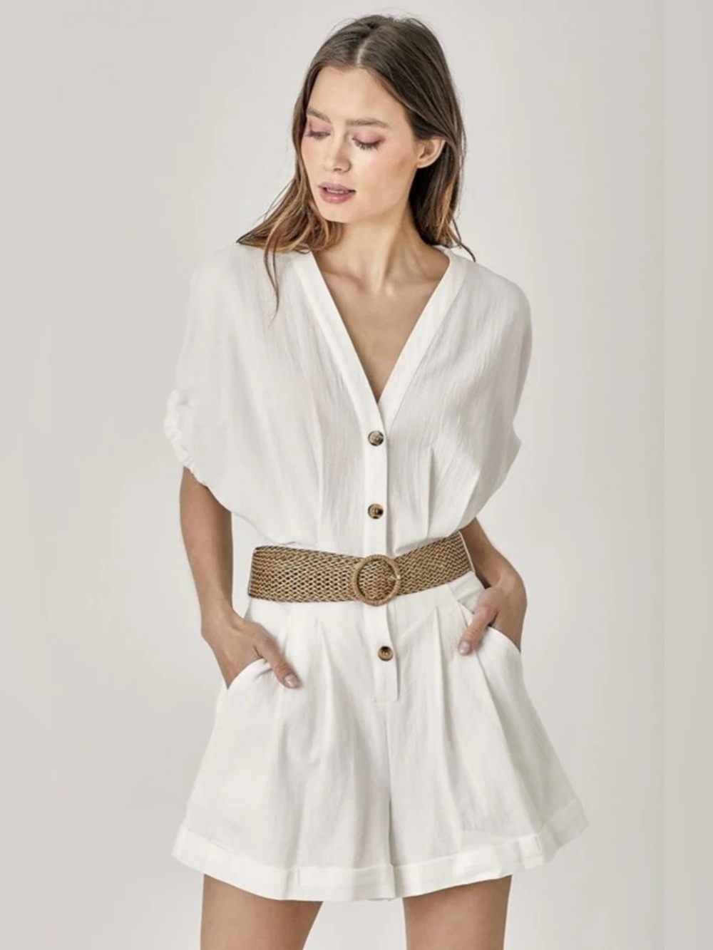 Mustard Seed White V-Neck Button Romper